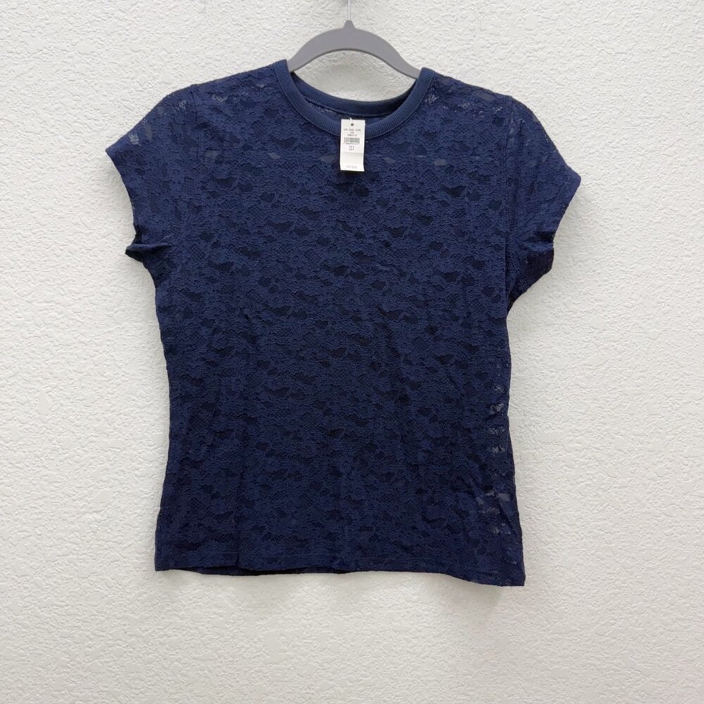 Aerie Blue Floral Lace Vintage Crewneck Short Sleeve T Shirt Womens sz Small NEW